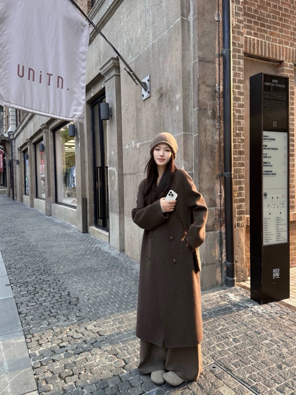 Brand New 100% Wool Long Double-Breasted Coat in Dark Brown